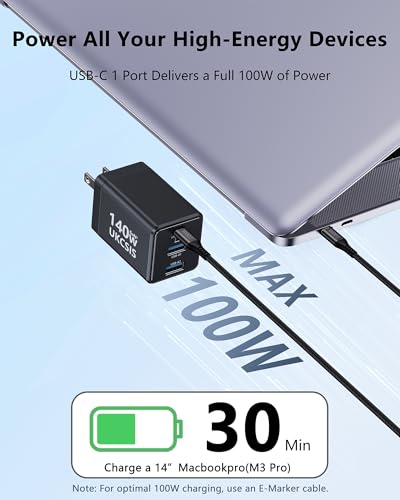 Image of 140W USB C Charger Block, Foldable 3-Port Multi-Device Fast Charger USB C Power Adapter for MacBook pro /Air, Dell, Samsung Galaxy, iPad Pro, and More (Black)