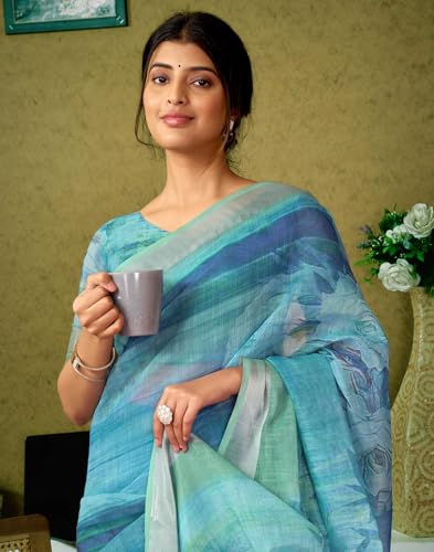 Image of SIRIL Women's Cotton Linen Printed Readymade Saree 1 Minute Ready to Wear Saree With Unstitched Blouse Piece