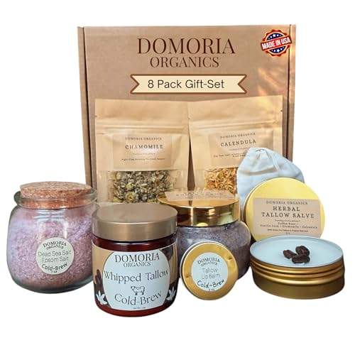 8-Piece Self Care Gift Box with Handmade Tallow Moisturizer, Sugar scrub, Lip Balm, Balth Salts, Salve, Bath Tea Soak, Two Herbal Tea Packs. Relaxation Set Valentine’s Day (Coffee Vanilla)