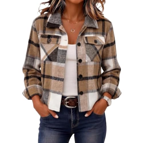 SdGgsgv Plaid Crop Jacket Women Button Up Loose Fit Fall Light Jackets - image 2