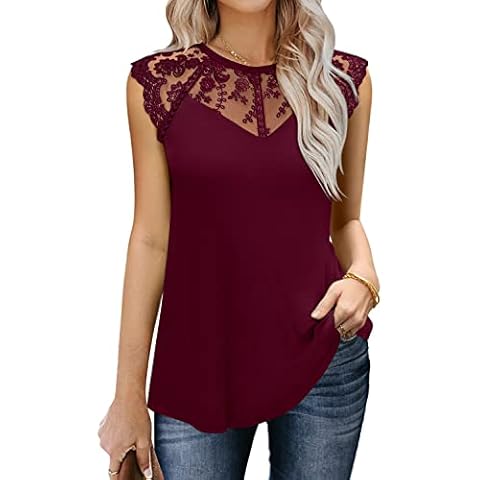 MIHOLL Women's Lace Floral Shirts Crew Neck Cap Sleeve Ruffle Loose Flowy 2024 Summer Tank Tops（Wine red,Large） Cover