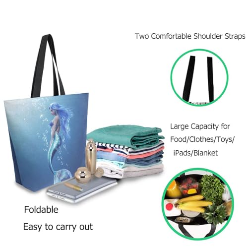 Ocean Realistic Mermaid Extra Large Canvas Gym Shoulder Tote, Reusable Daily Durable Top Handle Bag for Mens Womens Yoga Weekender Picnic Beach Travel Market Shopping2