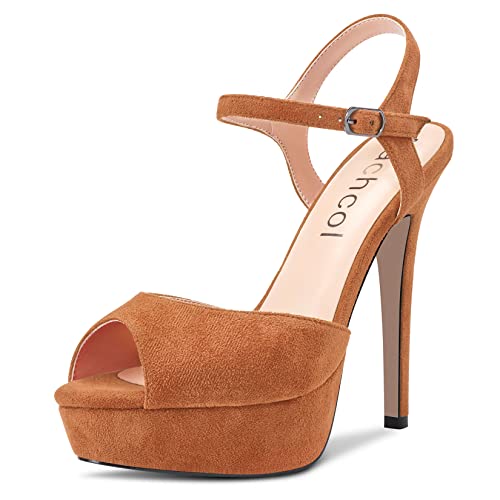 Aachcol Women Platform Sandals Peep Open Toe Ankle Strap Slingback Stiletto High Heel Dress Shoes Pumps Wedding Suede 5 Inch
