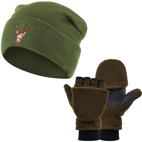 Jadive Regalo para Cazador Gorro Bordados de Ciervos y Guantes de Punto Mitones Convertibles con Solapa Accesorios de Invierno Unisex para Caza Regalo para Hombre Mujer Navidad Invierno Cumpleaños