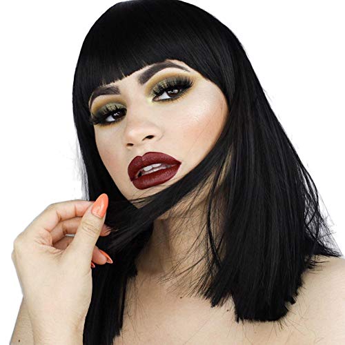 Morvally Short Straight Black Wig With Bangs Natural Looking Heat Resistant Hair Cosplay Costume Wigs thumb #2