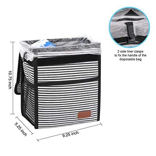 Image of Femuar Car Trash Can with Lid - Leak Proof, Waterproof, Multipurpose Car Hanging for Headrest, Collapsible, Portable with Storage Mesh Pocket, Stripe