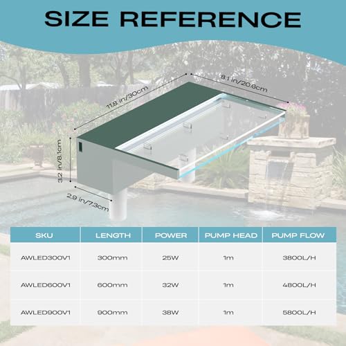 Image of Acrylic Pool Fountain Waterfall with LED Lights - 11.8 inch LED Strip Remote Control with 18 Colors, Smooth Water Flow & Cascade Blade, Easy Installation for Outdoor, Garden, Patio & Ponds