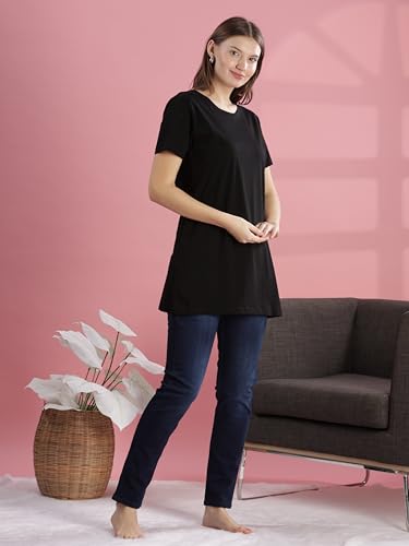 Image of 9shines Label Cotton Plus Size Long T-Shirt Tunic | Hip Covering Regular Top Nightwear| Sleepshirt Lounge wear for Women with Pocket (M-7XL)