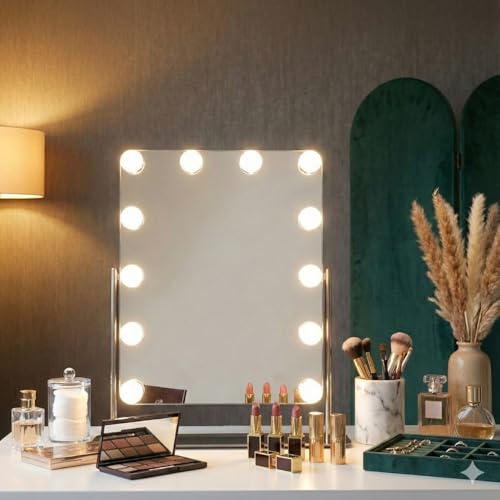 FLINQ Hollywood Miroir avec éclairage - Miroir de Table Rotatif à 360° pour Coiffeuse - Miroir cosmétique avec 3 Modes d'éclairage - 12 LED à intensité...