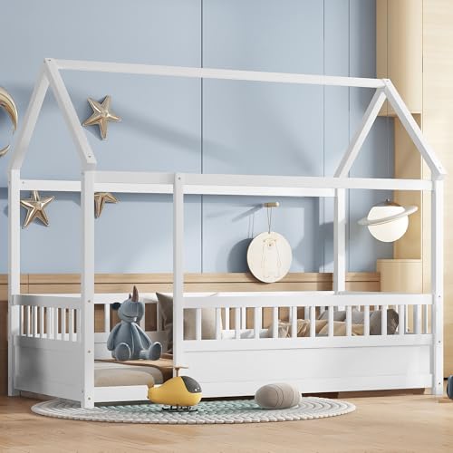 Harper & Bright Designs Twin Size House Floor Bed Frame,Wooden