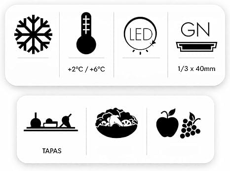 Vitrina de tapas WORLDMAI x SAYL, 144 x 40 cm, 2 Pisos y 6 cubetas GN 1/3 para hostelería. Vitrina expositora refrigerada profesional de sobremesa con iluminación LED, para bar y restaurante.