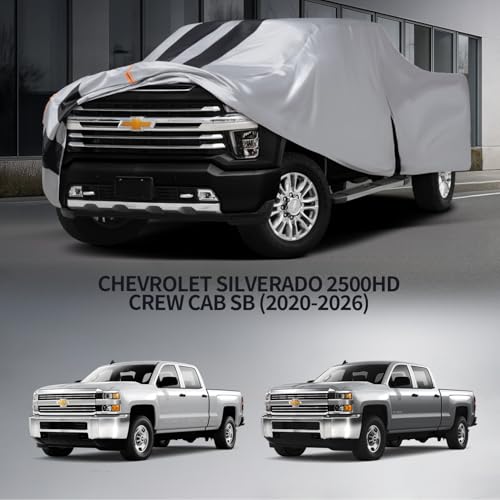 Image of Chevrolet Silverado 2500HD Truck Cover Custom Fit 2020-2026 Crew Cab Short Bed(6.8') with Door Zipper, 10 Layers Outdoor Heavy Pickup Truck Cover Waterproof All Weather, Wind Dust Sun Protector.