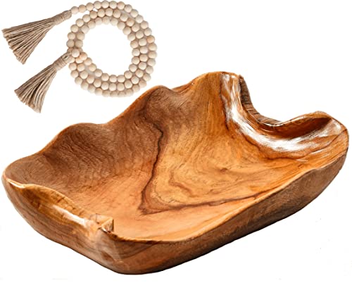 Wavy Live Edge Wooden Bowls For Decor+Wood Beads Garland, Handmade Key Bowl For Entryway Table Decor, Wood Bowls Decorative Wooden Fruit Bowl, Hand Carved Root Centerpiece Display Potpourri Wood Bowl #TOP28