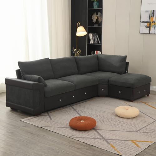 Panana Corner Sofa L shaped Couch Sectional Settee Huge Armrest- 3 Seater + 2 Seater- Built-in USB Port Chaise (Dark Gray, 3 Seater with Built-in USB Port Corner Chaise)