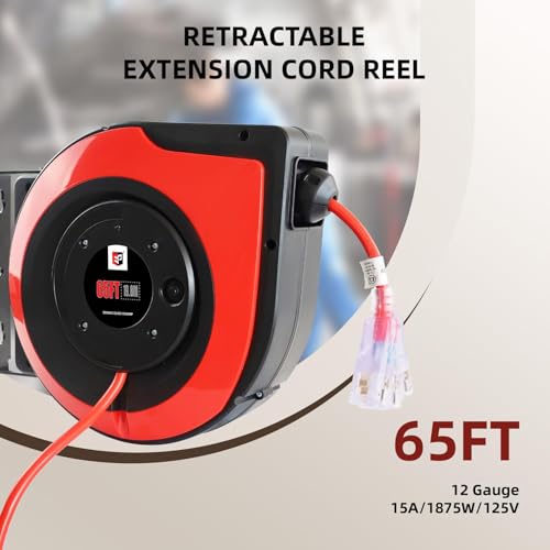 EP Retractable Extension Cord Reel,65 Feet 12 AWG/3C SJTOW Heavy Duty Power Cord,15 AMP Circuit Breaker, 3-Lighted Triple Outlets,Ceiling or Wall Mount Use Indoor, Red - Thumbnail 2