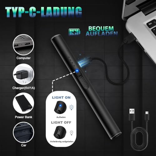 LcFun Stabfeuerzeug Lichtbogen Feuerzeug Elektrisch, Lang Elektrisches Feuerzeug USB Aufladbar, Winddichte Plasma Feuerzeuge, Elektro Feuerzeuge für Kerzen Anzünden, Feuerwerk, Küche (Schwarz)