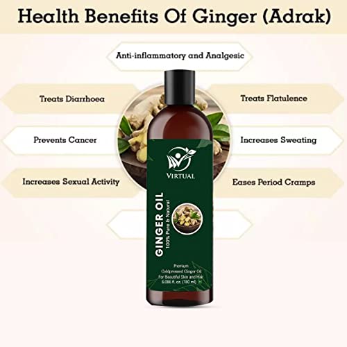 Image of VIRTUAL Pure Ginger Essential Oil For Stronger Hair, Body Skin Care, Moisturizing Dry Skin, Cold Pressed Oil With No Mineral & SiliconesFor Shine Hair,(Ginger Oil, 180 ML) Pack of 2