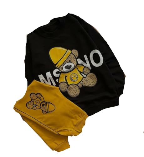 Image of Baby Boys Stylish Hooded Top& Bottom Set Full Sleeve Warm Fleece Pullover Jacket Style Winter Black +Yellow 0-2 Months