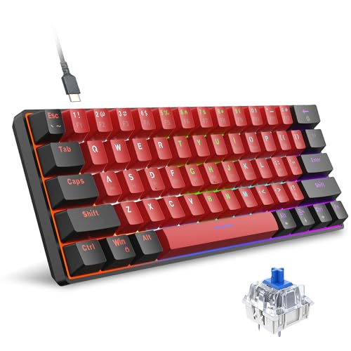 Snpurdiri 60% przewodowa mechaniczna klawiatura do gier, 61 klawiszy Anti-Ghosting, podświetlenie RGB, ultra kompaktowe dwa stojaki (niebieski przełącznik/czarno-czerwona)