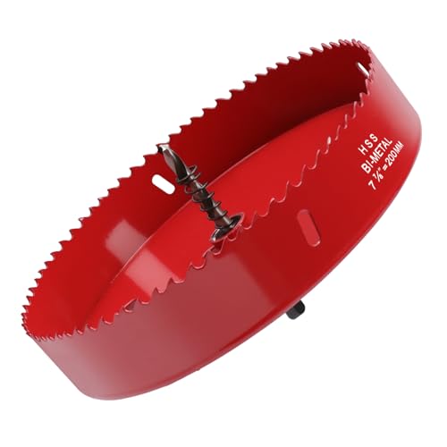 Image of 7.87 Inches /200mm Bi-Metal Hole Saw with Pilot Bit & Arbor | Red-Coated, Cuts Fiberboard, Wood, Drywall, Plastic, Soft Metal, PVC, Cornhole Boards, For Precision Drilling