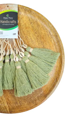 Image of Zippy Flora Handmade Cotton Tassels with Cowrie Shells for DIY & Crafts Project, Pack of 10 (Seagreen)