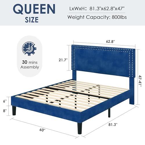 Image of VECELO Queen Size Platform Bed Frame with Height Adjustable Upholstered Headboard, Modern Mattress Foundation,Strong Wood Slat Support, No Box Spring Needed, Easy Assembly,Dark Blue