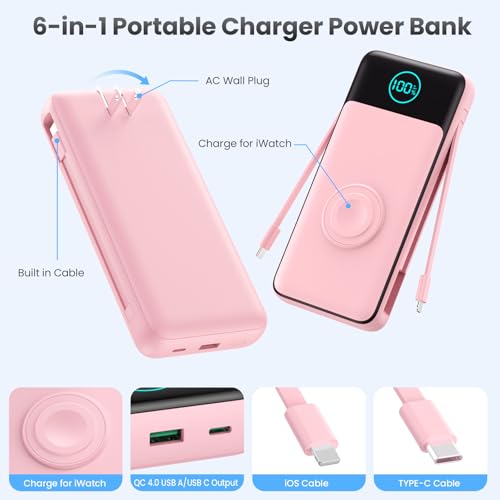 Image of Portable Charger for iPhone with Built-in Cables and AC Wall Plug,26800mah Fast Charging USB C Power Bank,25W PD Travel Essential Battery Pack for iPhone 17 /16 /15 /14 /13,Galaxy,Apple Watch (Pink)