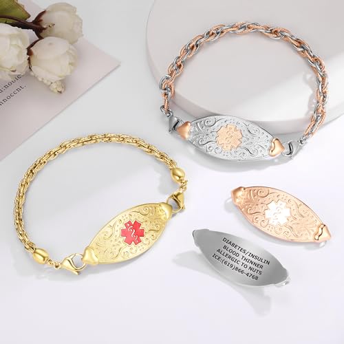 Divoti Custom Engraved Medical Alert Bracelets for Women | 4-Line Personalized Emergency ID | Mesh/Square Rolo Chain with Grand Filigree Tag 6