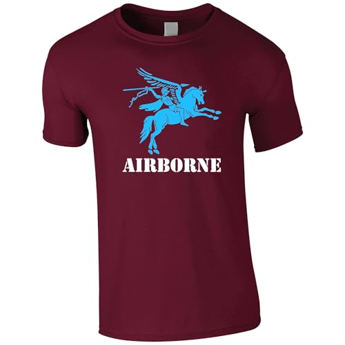 Image of Pegasus Airborne Large Front Logo Parachute Regiment Mens T-Shirt Air Assault Brigade T Shirt (UK, Alpha, L, Regular, Regular, Maroon)