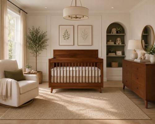 Image of Evolur Loft Antilia Mid-Century 4-in-1 Crib in Walnut, Greenguard Gold & JPMA Certified, Baby Crib Converts to Toddler Bed, Daybed & Full Bed