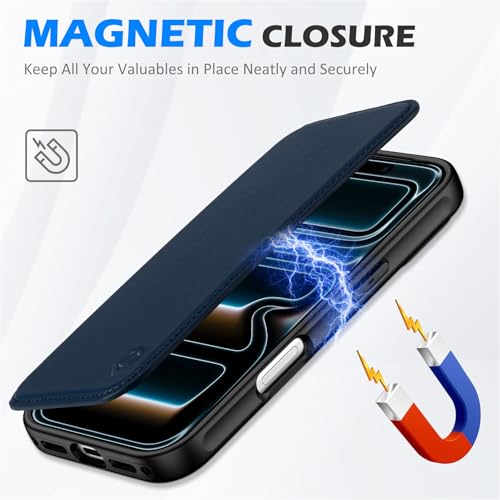 SHIELDON Hülle für iPhone 17 Pro 6,3\ 2025 5G, Schutzhülle [Rindsleder] [Kabelloses Laden] [Dünn] [3 Kartenfach] [Handy-Ösen] Handyhülle Klappbare Case - Marineblau