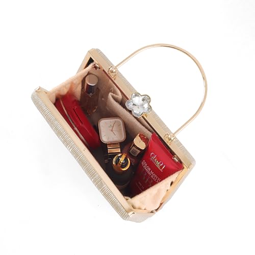 Image of Elegant Gold Textured Metal Handle Clutch Handbag for Women - Party & Wedding Purse