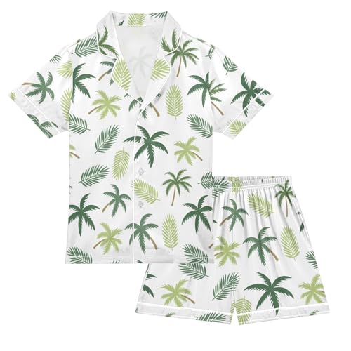 Coconut Tree Palm Leaves Pattern Summer Satin Pajama Set, Cute Button-Down Sleepwear Pj Set for Sleep Wears