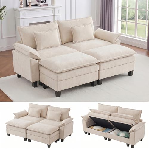 Image of IPKIG 82.3 inch Modular Cloud Couch with Storage, U Shaped Sectional Sofa with Ottoman & Pillow, Chenille Deep Seat Sectional Couches for Living Room, Apartment, White