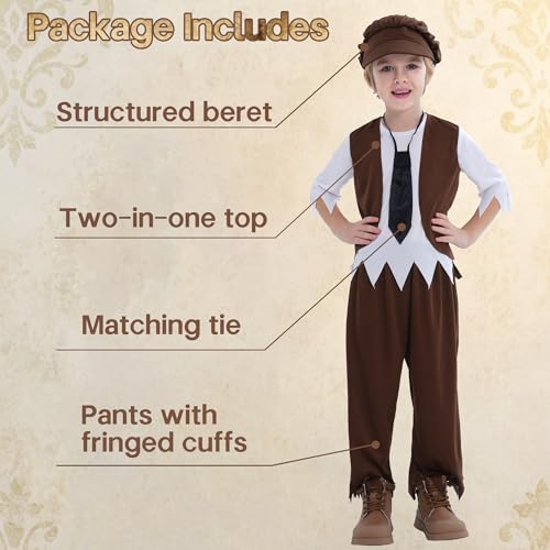 Wizland 4pcs Boys Victorian Costume Set including Hat & Tie,Kids Oliver Twist Fancy Dress Up for World Book Day&School Play Outfit 3-4 years(Brown) - Image 2