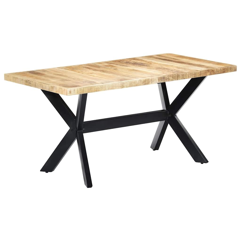 Table à manger en bois de manguier brut 160 x 80 x 75 cm avec structure en acier revêtu par pulvérisation en forme de croix, table en bois massif pour salle à manger, cuisine, salon, table de