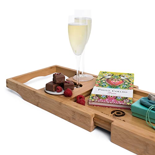 Bamboo Bathtub Caddy Tray for Tub- Expandable Bath Tray - Adjustable Organizer Tray for Bathroom for Luxury Spa - Book Holder, Tablet Smartphone and Wine Holder (Natural) by Pristine Bamboo - Thumbnail 3