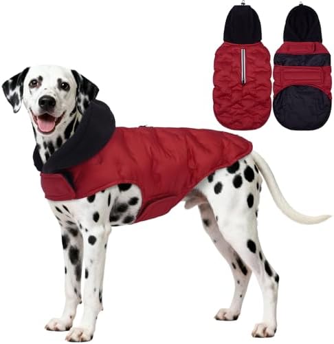 DORA BRIDAL Dog Puffer Coat, Warm Dog Jacket with Hood, Reflective Dogs Cold Weather Coats Pet Winter Vest for Large Dogs, Pet Winter Vest, Red, XL