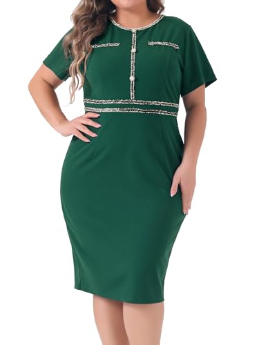 Image of Agnes Orinda Plus Size Dresses for Women Button Crew Neck Vintage Wear to Work Office Party Bodycon Pencil Dress