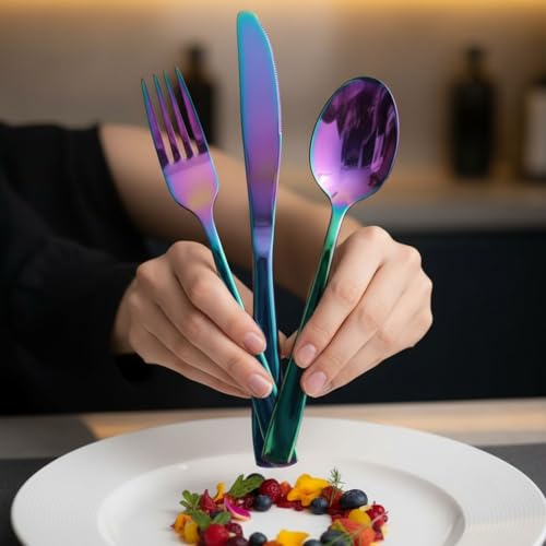 Image of 24 Pcs Rainbow Mirror Polish Stainless Steel Cutlery Set for Dining Table with Spoons and Forks Set + Butterknives - The Perfect Tableware /Flatware