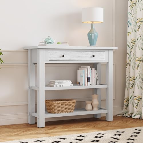 FULife Mid-Century Modern Design Console Table with Drawer and 2 Open Storage Shelves for Entryway Hallway, 36" Short Sofa Sidetable with Rubber Wood Legs for Bedroom Living/Dining Room