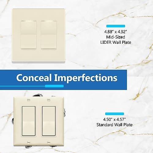 Image of LIDER Decorator Switch Cover, Screwless Wall Plate, Mid-Size 2-Gang 4.88 inch x 4.92 inch, LSWP-32M-LA, UL Listed, Thermoplastic, Matte Light Almond, 1-Pack