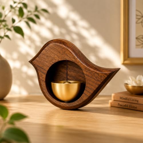 Image of Wooden Door Bell with Brass Bowl | Magnetic Door Chime Bell | Shopkeepers Doorbell for Door Opening | Decorative Magnetic Chime | Ideal for Home, Shop & Housewarming Gift - Bird Shape
