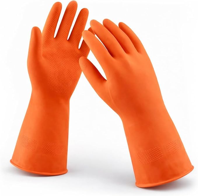 Image of LADWA Pre-mium Household Rubber Hand gloves orange Color (1 Pair) for Dishwashing, gardening, kitchen cleaning