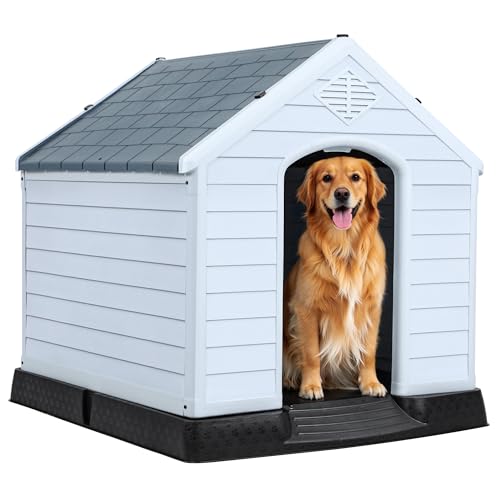 YITAHOME Large Plastic Dog House, Waterproof Indoor Outdoor Doghouse for Large or Small Dog, with Air Vents and Elevated Floor, Easy Assemble and Clean (Gray, 41''L*38''W*39''H)