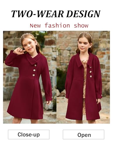 Image of GRACE KARIN Girls Dress Coat Kids Wool Lapel Long Button Jackets Fall Winter Outerwear Peacoat with Pockets 5-12Y