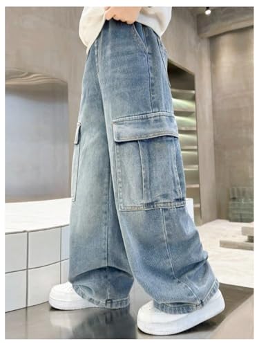 Verdusa Boys Jeans Baggy Vintage Straight Leg Denim Cargo Pants with Pockets 8-14 Years4