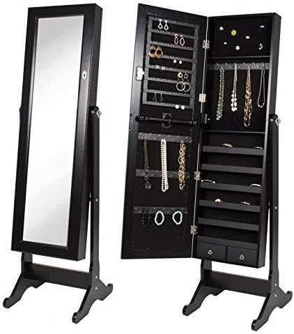 Espejo negro gabinete de joyería Armoire Wstand espejo anillos, collares, pulseras (negro)
