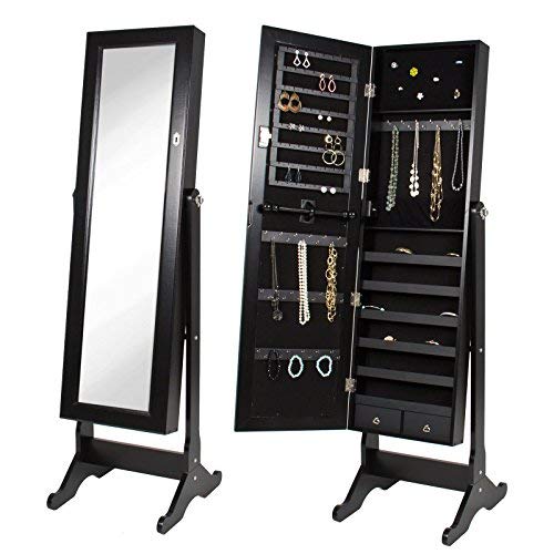 Black Mirror Jewelry Cabinet Armoire W/Stand Mirror Rings, Necklaces, Bracelets (Black) #TOP30
