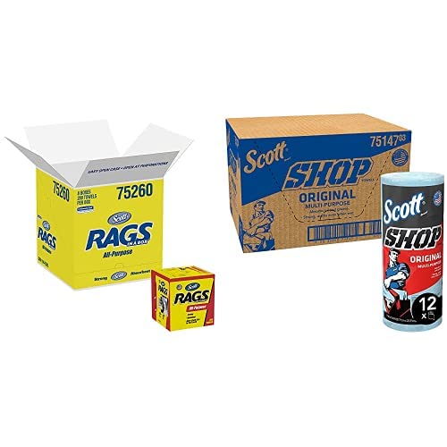Scott Rags In A Box (75260), White, 200 Shop Towels / Box, 8 Boxes / Case & Shop Towels Original (75147), Blue, 55 Sheets/Standard Roll, 12 Rolls/Case, 660 Towels/Case